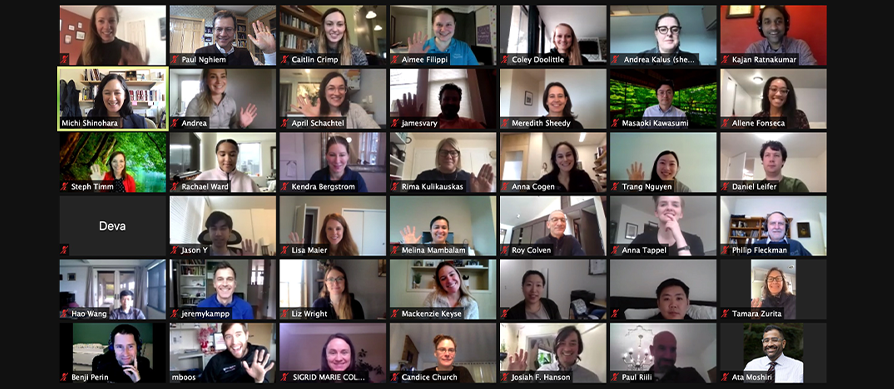 A screenshot of a Zoom meeting with many participants